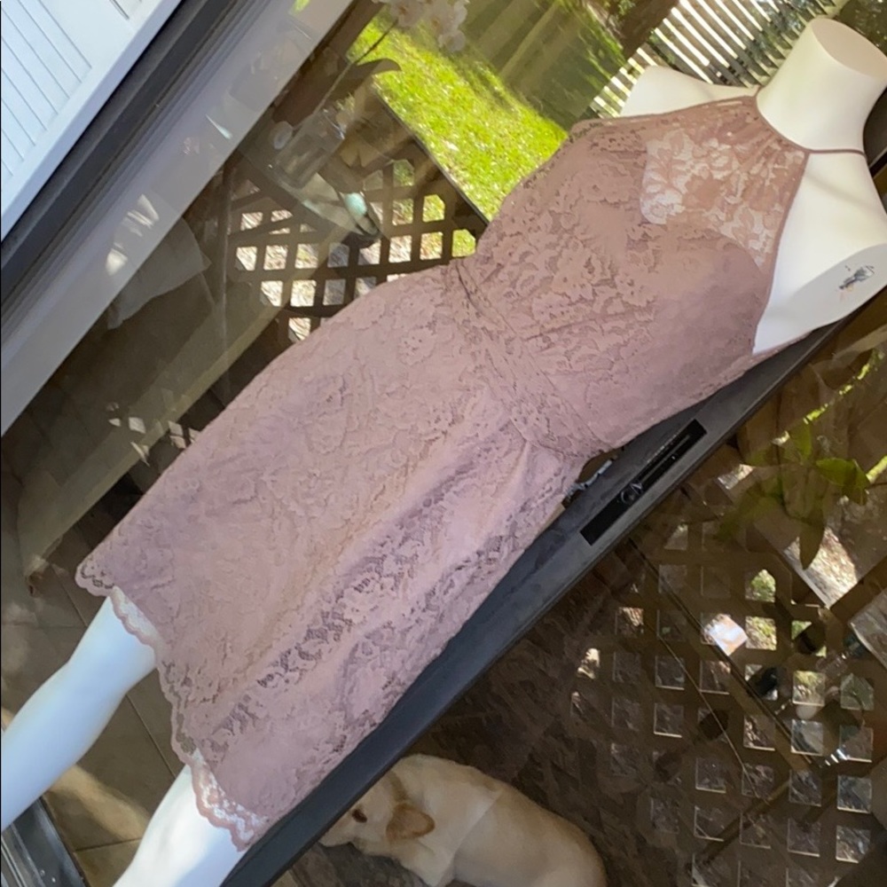 Amsale lace bridesmaid dress g838L in truffle